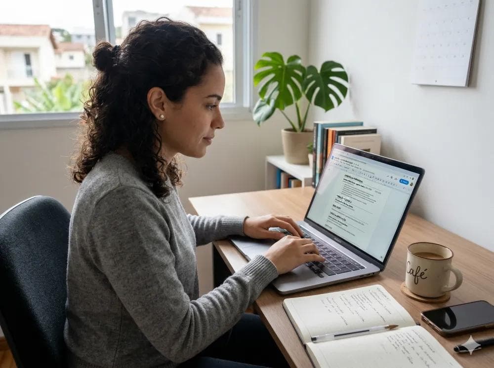 A writer editing a document on a laptop at a home desk