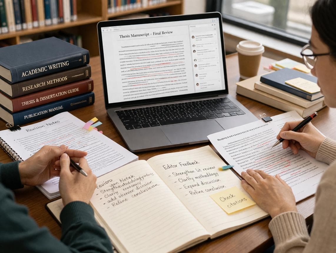 Two people reviewing a thesis manuscript and editor feedback beside a laptop