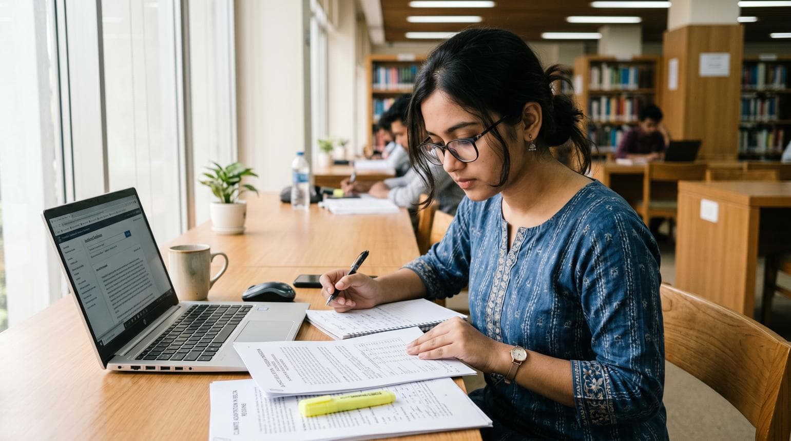 A student taking notes from printed papers next to a laptop in a library
