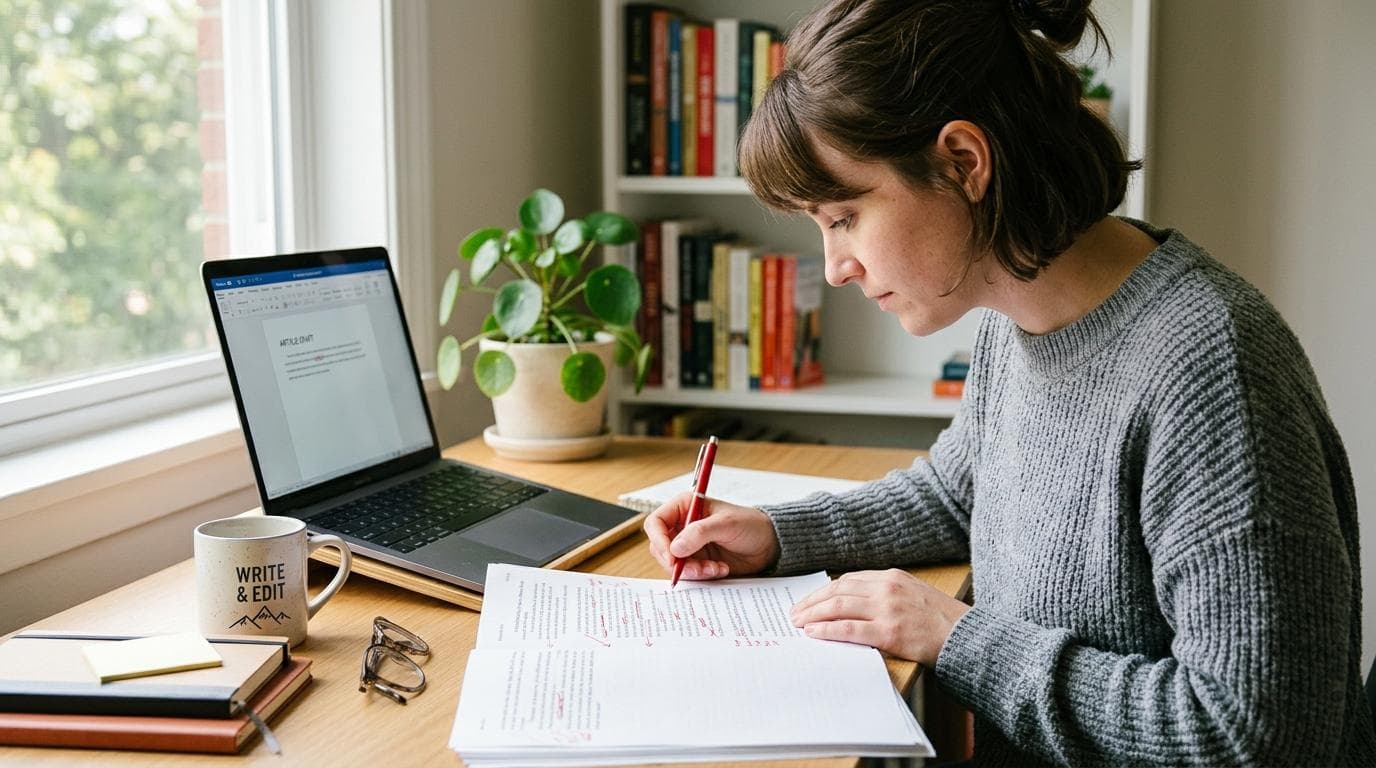 A writer marking up a printed draft with a red pen next to a laptop